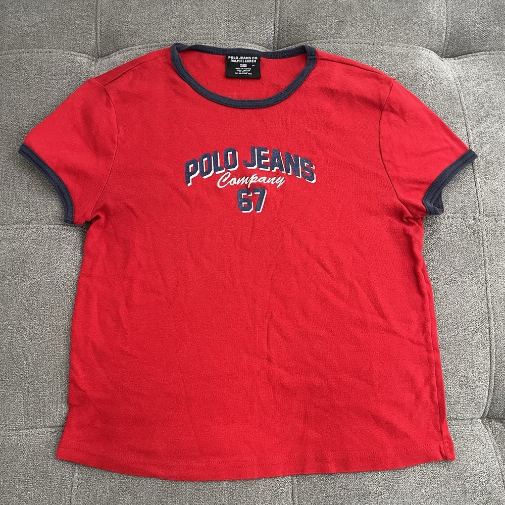 Vintage Polo Jeans Ralph Lauren Ringer Shirt Women's Size Medium Red Y2K